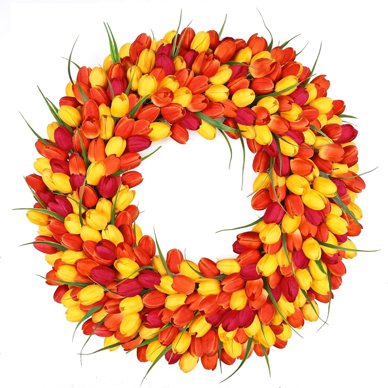 22" Artificial Tulip Wreath – Red, Orange & Yellow Spring & Summer Door Decor for Valentine’s Day, Easter, Front Porch, Indoor & Outdoor Farmhouse
